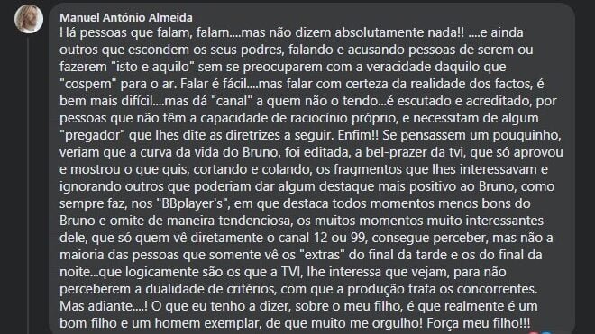 Comentário pai de Bruno Almeida do Big Brother da TVI